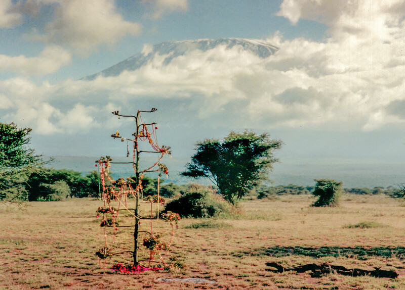 Ornate metal structure in arid landscape with mountain in background.