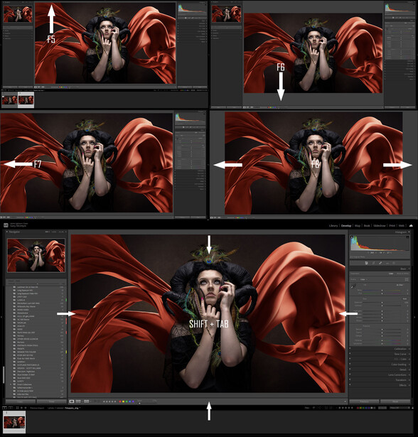 Screenshot of photo editing software showing multiple views of a portrait with dramatic red fabric lighting.