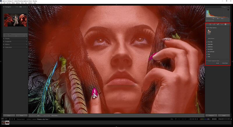 Screenshot of digital art editing software displaying a surreal portrait with vibrant peacock feather and ornate textures overlaid on a stylized face.
