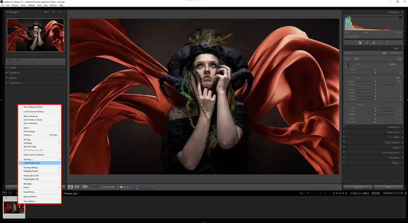 Screenshot of photo editing software showing a portrait of a person with dramatic red fabric and dark styling.
