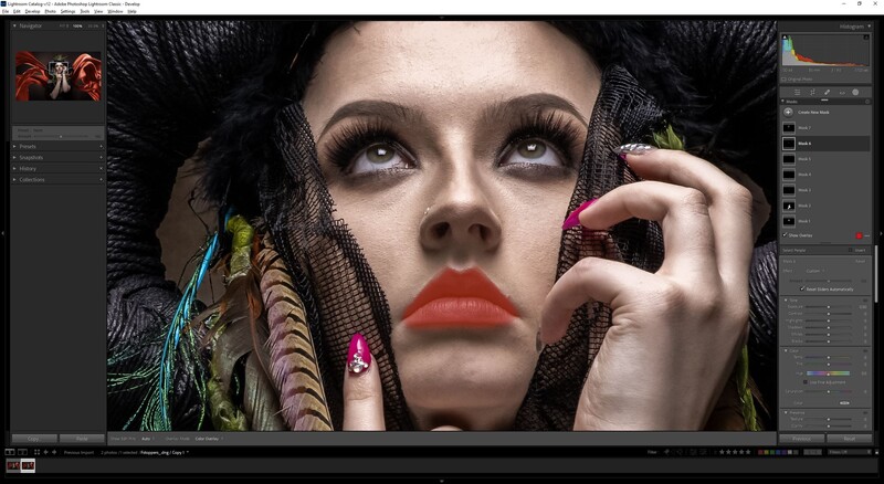 Woman with dramatic makeup and feathered headdress in post-processing software interface.