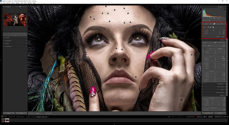 Screenshot of photo editing software displaying a stylized portrait of a woman with dramatic makeup and decorative elements.