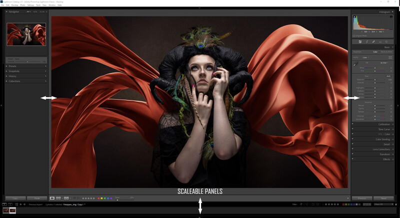 Screenshot of Lightroom showing a portrait of a woman with dramatic red fabric and dark styling.