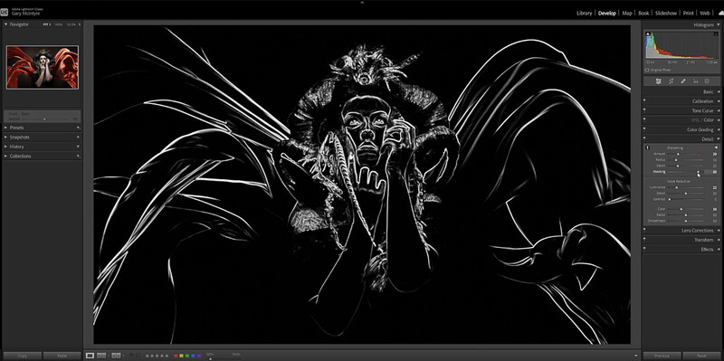 Screenshot of digital art editing software displaying a high-contrast black and white illustration of an expressive face with dramatic brushwork and gestural linework.