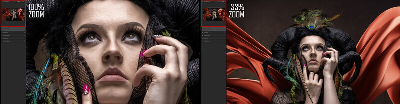 Portrait comparison showing zoom levels of woman with dramatic black feathered headdress and colorful feather accessories.
