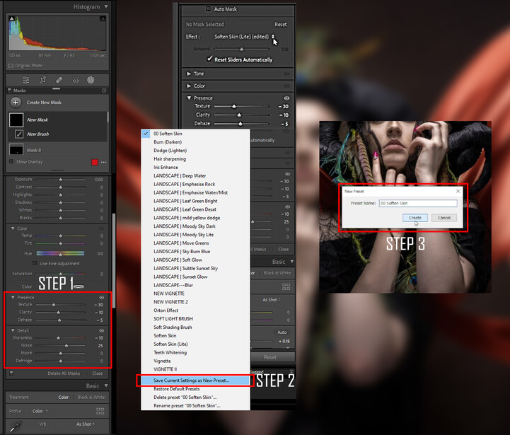 Screenshot showing a three-step photo editing workflow in Lightroom with histogram adjustments, color grading panels, and before/after preview of portrait retouching.