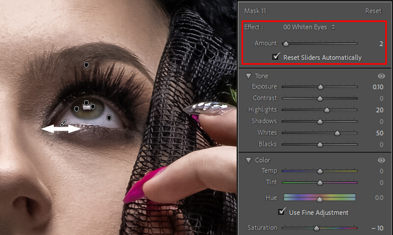 Screenshot of photo editing software showing mask adjustment panel with eye enhancement controls and before/after comparison of retouched eye makeup.