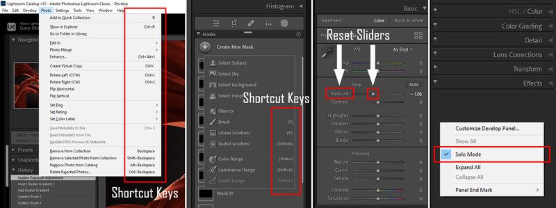 Screenshot of Adobe Photoshop Lightroom interface showing keyboard shortcuts and reset sliders panel.