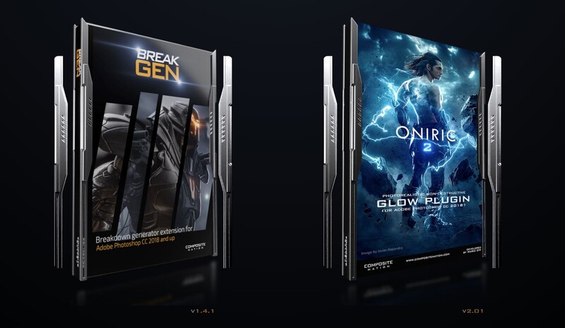 Two software plugin boxes displayed side-by-side against a dark background, showing product packaging for audio or visual effects tools.