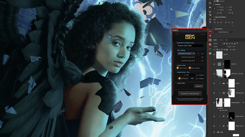 Screenshot of digital art editing software showing a portrait of a woman with dynamic blue lighting and floating geometric shapes.