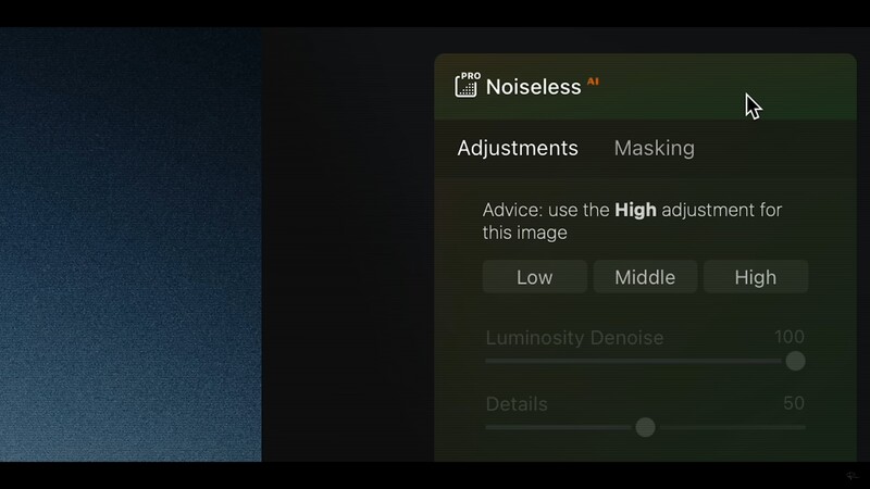 Screenshot of Noiseless AI adjustment panel showing High setting recommendation for noise reduction.