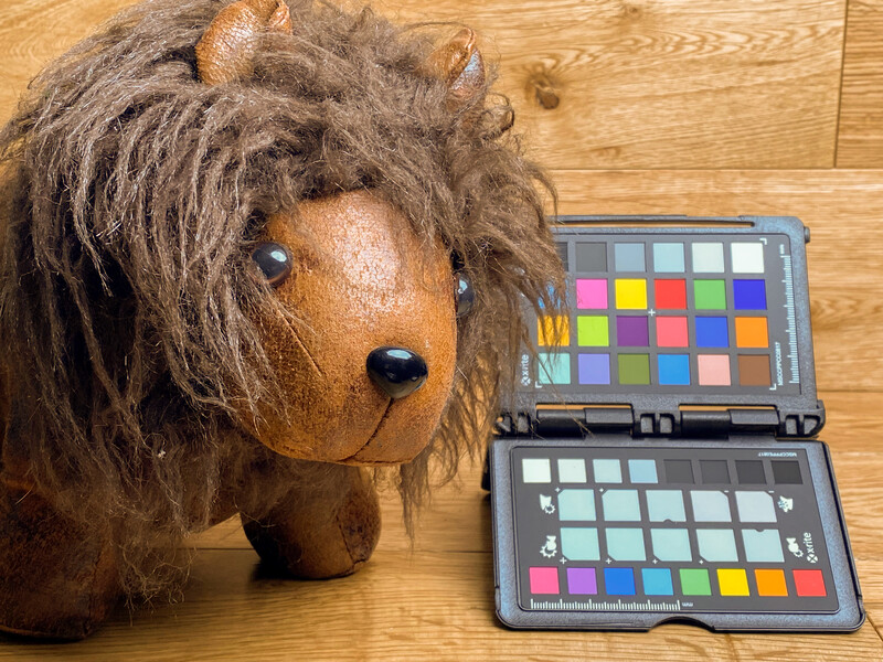 A wooden lion figurine positioned next to an open color checker chart on a wooden floor.