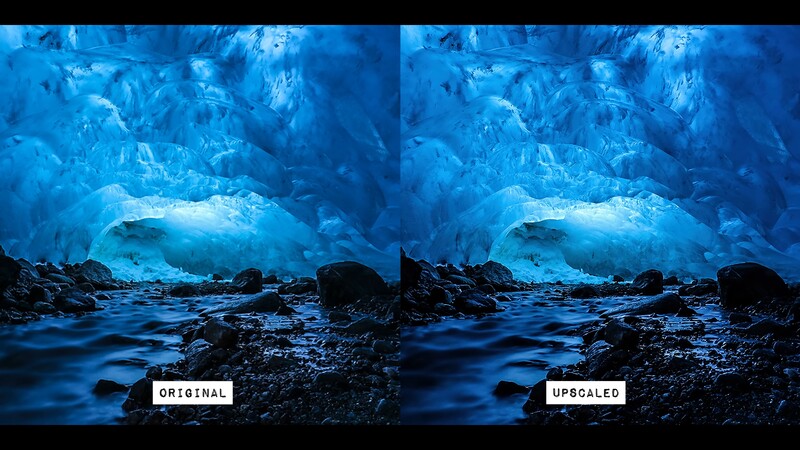Side-by-side comparison of an ice cave beneath a glacier, showing original and upscaled versions.