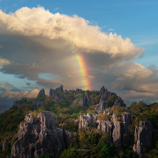 Rainbow arcing from a dramatic cumulus cloud above jagged limestone peaks surrounded by green forest.