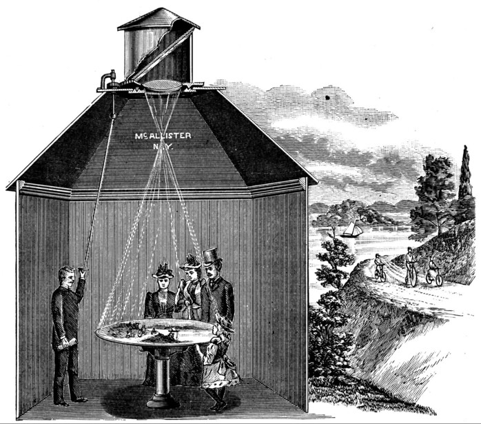 Illustration of a vintage studio light setup with figures beneath a pyramidal structure containing a water tank and reflectors.