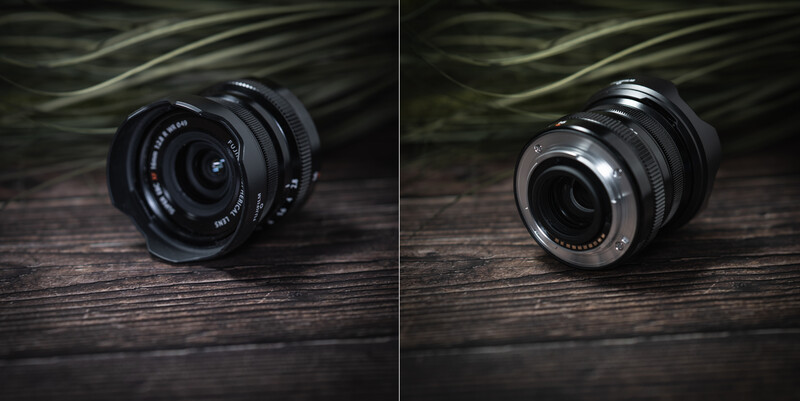 Two wide-angle lenses positioned on weathered wood with blurred foliage background.