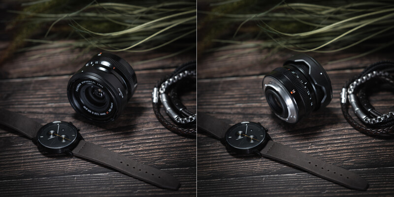 Side-by-side comparison of camera lens focus breathing effect on a wooden surface.
