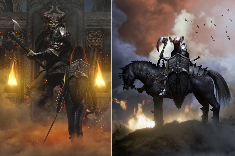 Digital artwork showing two dramatic fantasy scenes with armored figures riding massive dark creatures through fire and smoke.