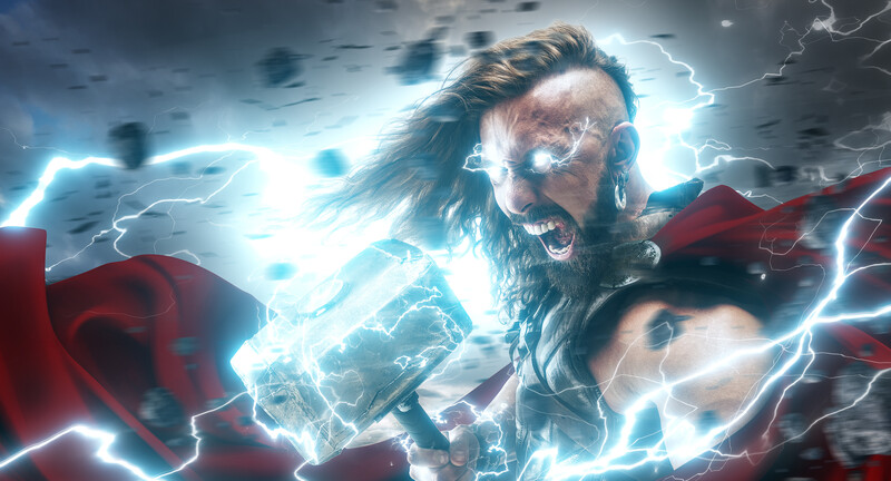 Illustration of a bearded man surrounded by electric blue lightning bolts and red fabric against a stormy sky.