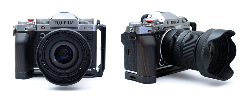 Two Fujifilm X-T5 mirrorless cameras shown front and side views with different lens configurations.