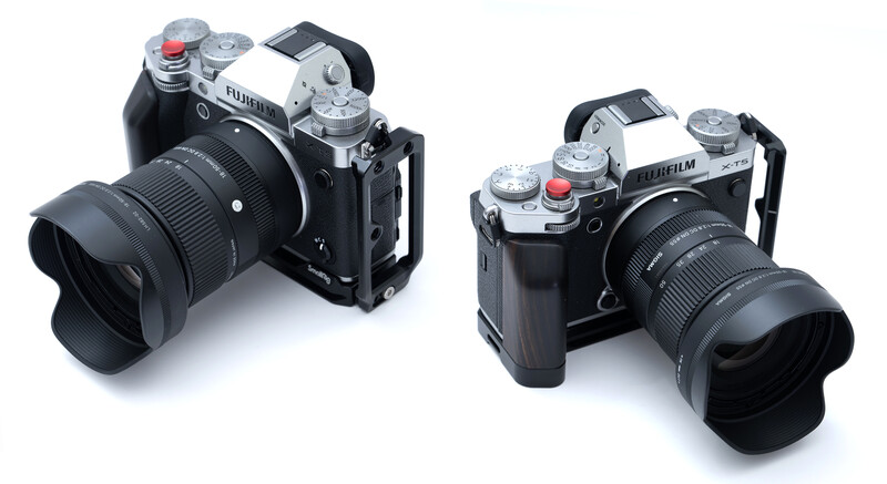 Two mirrorless cameras with attached lenses and optional grip accessories shown from different angles.