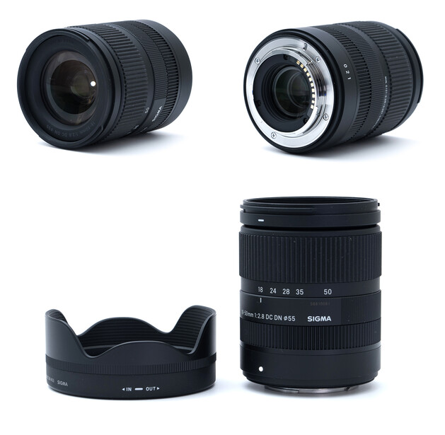 Four views of a telephoto zoom lens showing front, rear, side, and with hood attached.