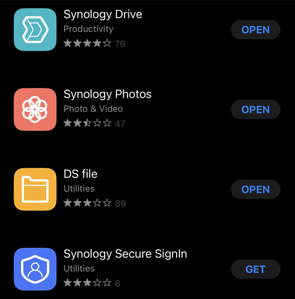 Screenshot of Synology app store showing four applications for photographers and creatives.