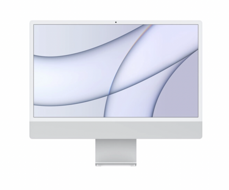 Illustration of an iMac desktop computer with abstract flowing curved shapes on the display.