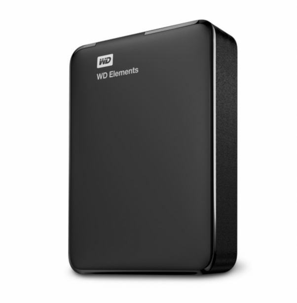 WD Elements external hard drive, black rectangular portable storage device shown at an angle.