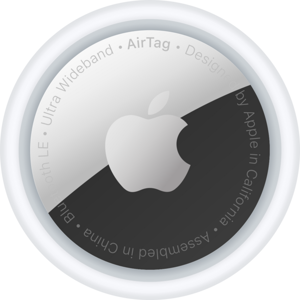 Apple AirTag product illustration showing circular white device with silver and black design.