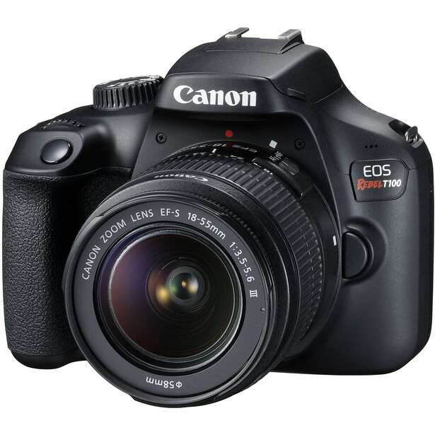 Canon EOS Rebel T8i DSLR camera with 18-55mm kit lens against white background.
