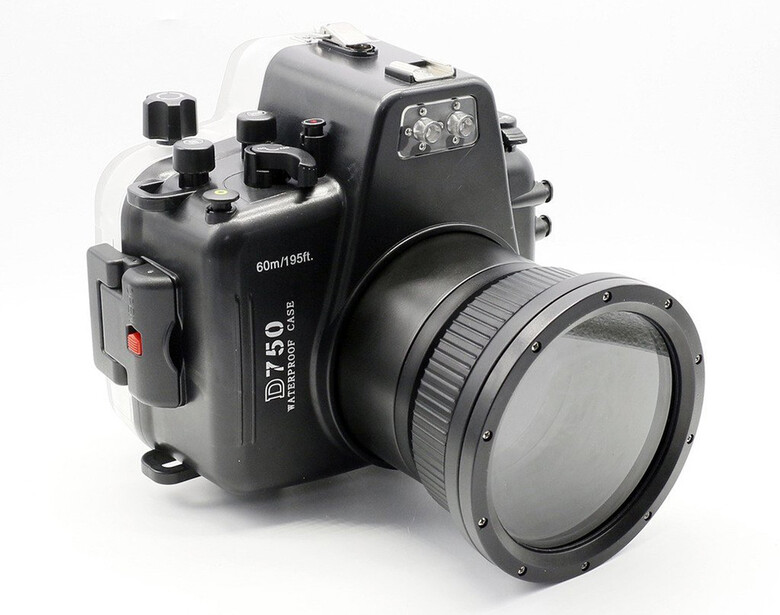 Underwater camera housing with attached lens, displayed against white background.