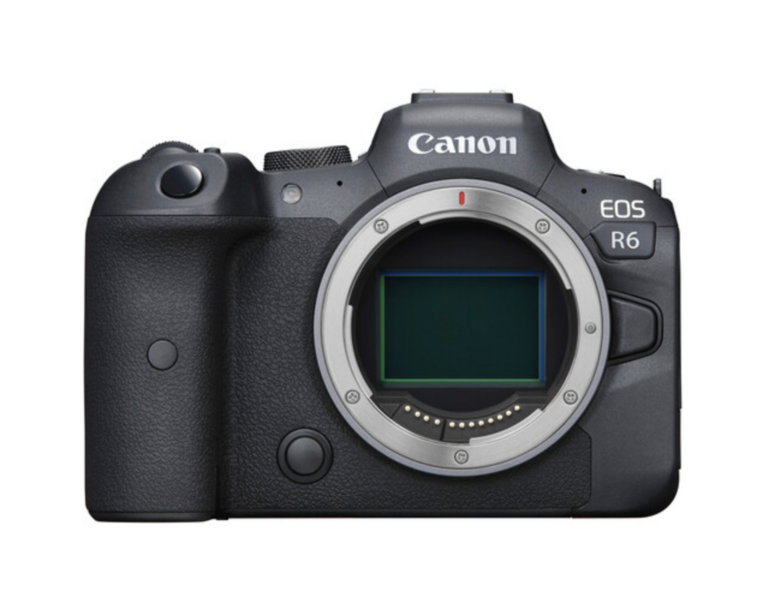 Canon EOS R6 mirrorless camera body with lens mount visible against white background.