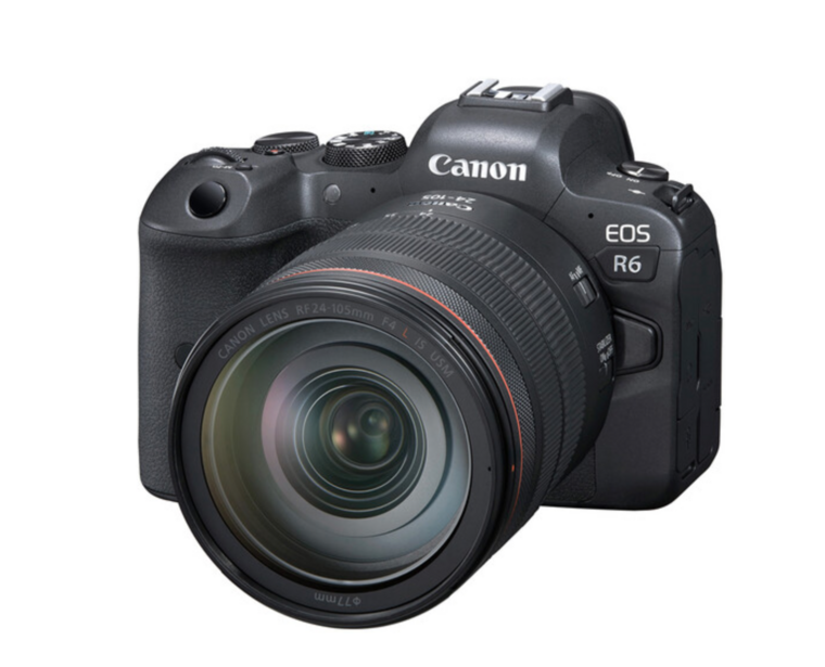 Canon EOS R6 mirrorless camera with attached zoom lens, shown against white background.