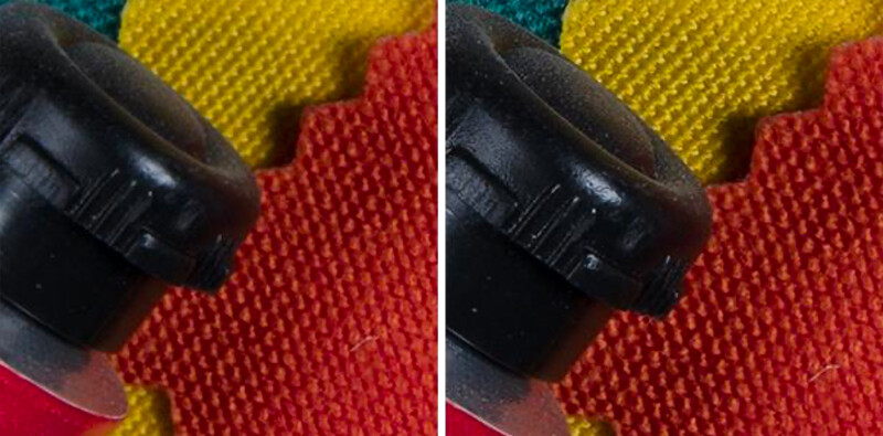 Side-by-side comparison of a black camera lens on red and yellow textured fabric, showing subtle focus or processing differences.