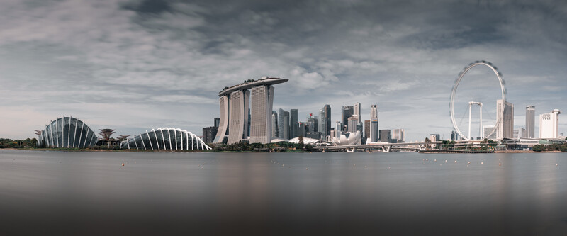 Waterfront cityscape with Marina Bay Sands hotel, distinctive curved botanical structures, and observation wheel reflected in still water.