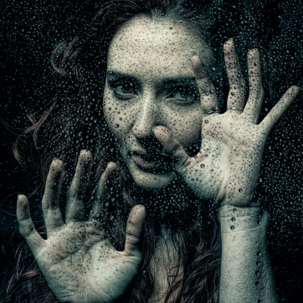 Woman behind glass intense feel
