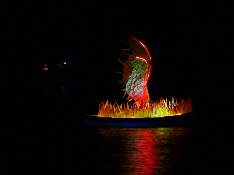 Illuminated sculptural installation reflected in still water at night, featuring red and yellow flame-like lighting with green textured elements.