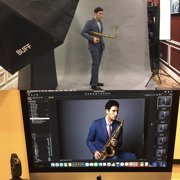 A BTS image of a portrait session
