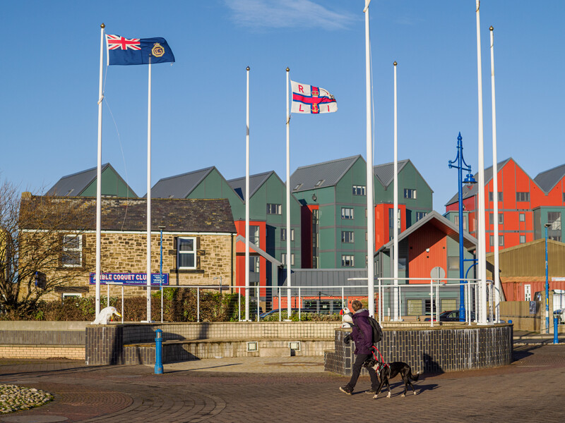 Waterfront plaza with flagpoles, colorful residential buildings, and a person walking a dog on paved ground.