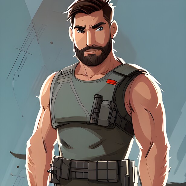 Illustration of a bearded man in tactical gear against a blue background.