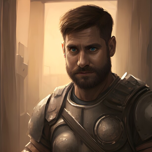 Illustration of a bearded man wearing metallic armor against a warm, backlit interior setting.