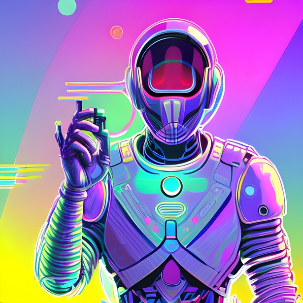 Illustration of a futuristic robot wearing headphones and holding a spray paint can against a vibrant neon gradient background.