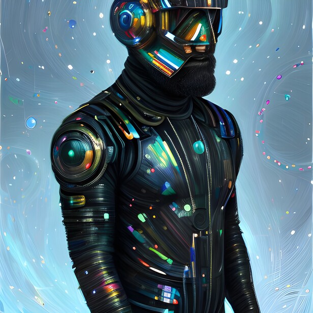 Illustration of a figure in black tech suit with iridescent glowing elements and digital visor against luminous blue background.