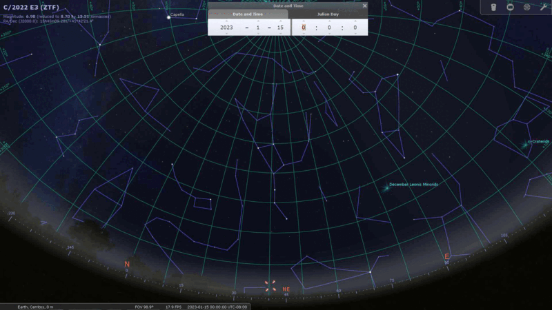 Screenshot of a planetarium or astronomy software displaying a celestial sphere map with constellation lines and grid overlays.