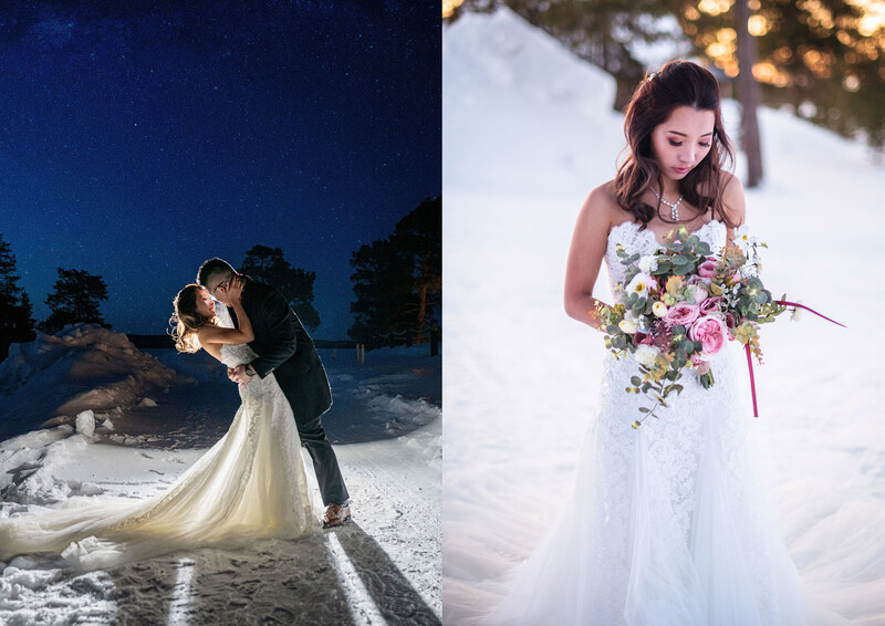 Side-by-side wedding photography comparison: nighttime beach ceremony with starry sky and warm lighting, and snowy daytime portrait with colorful bouquet.