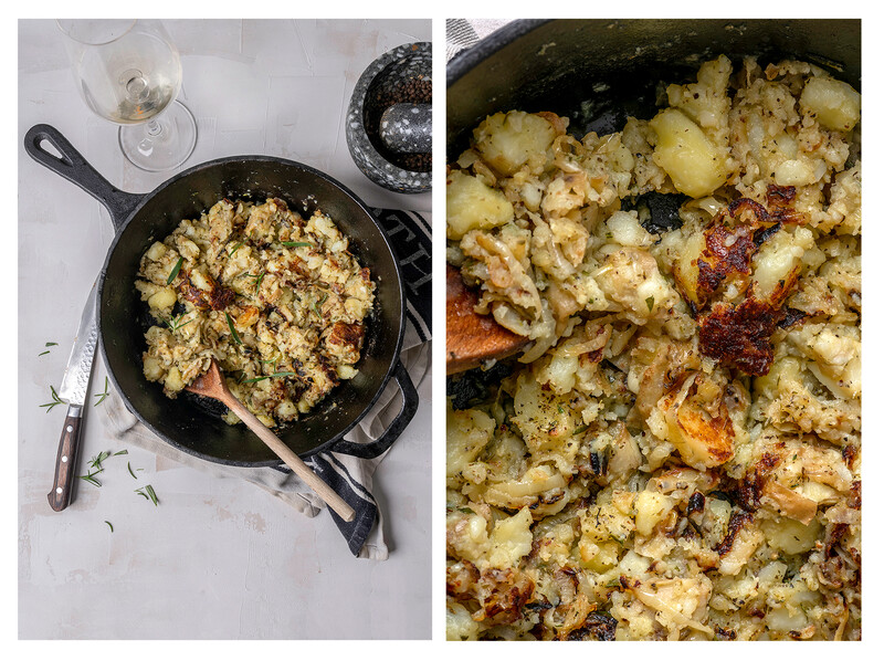 Side-by-side comparison of a skillet and baking dish containing roasted cauliflower with herbs and seasonings.