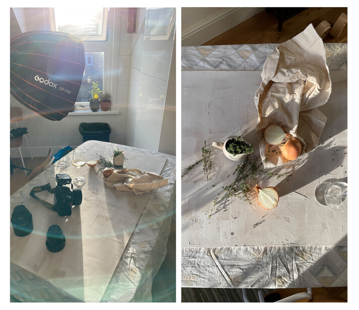 Two-panel behind-the-scenes setup showing a product photography station with softbox lighting and styled props on white surfaces.