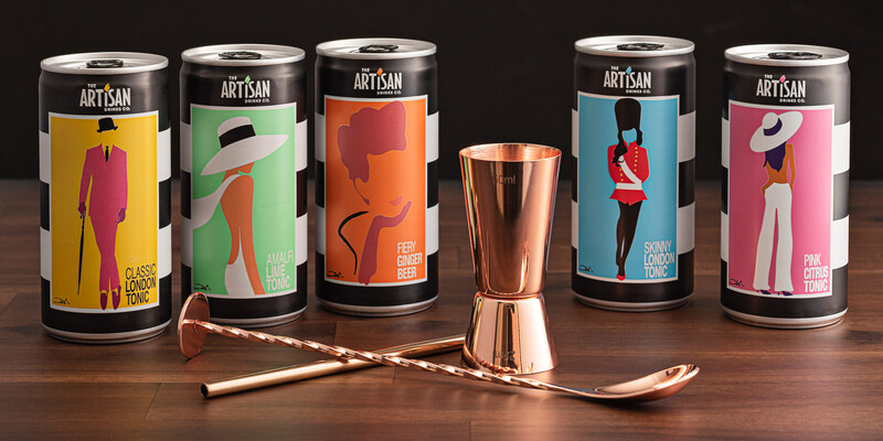 Artisan Drinks Cans with measurer and stirrer