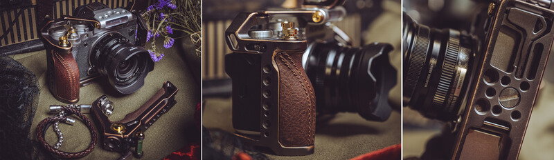 Vintage film camera with brown leather grip and accessories arranged on neutral background with moody lighting.